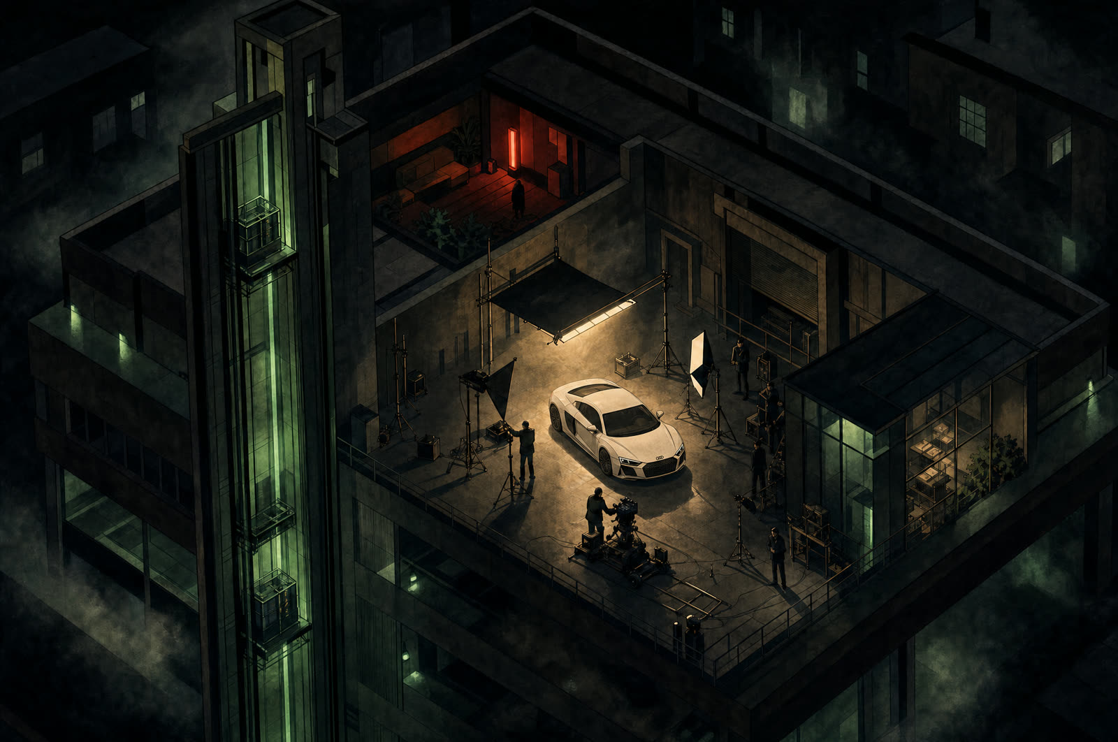 Floor 02 — the video suite, painted Dark Deco